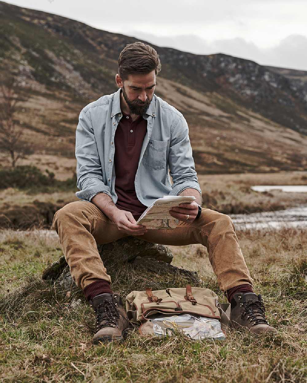 Light Blue Coloured Hoggs of Fife Archerfield Denim Shirt on mountain background 