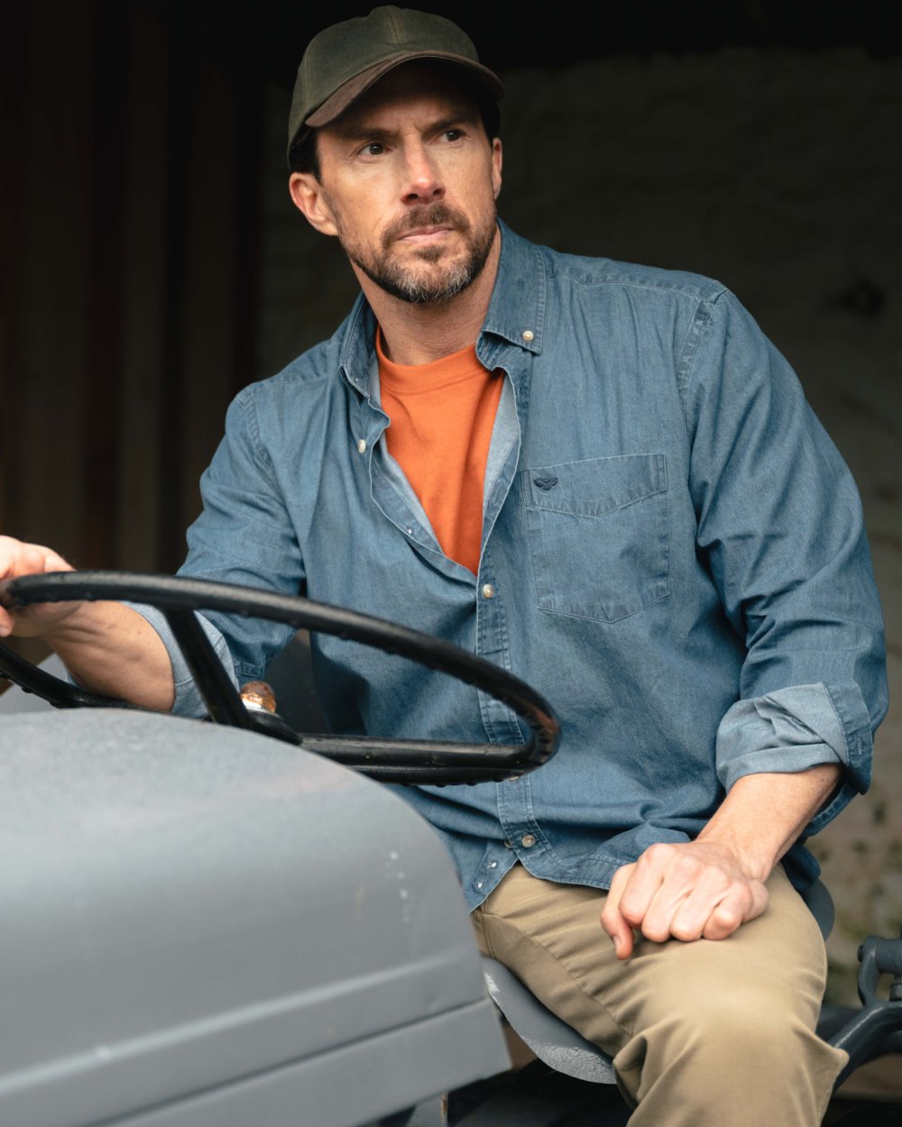 Mid Blue Wash coloured Hoggs of Fife Archerfield Denim Shirt on outdoor background 