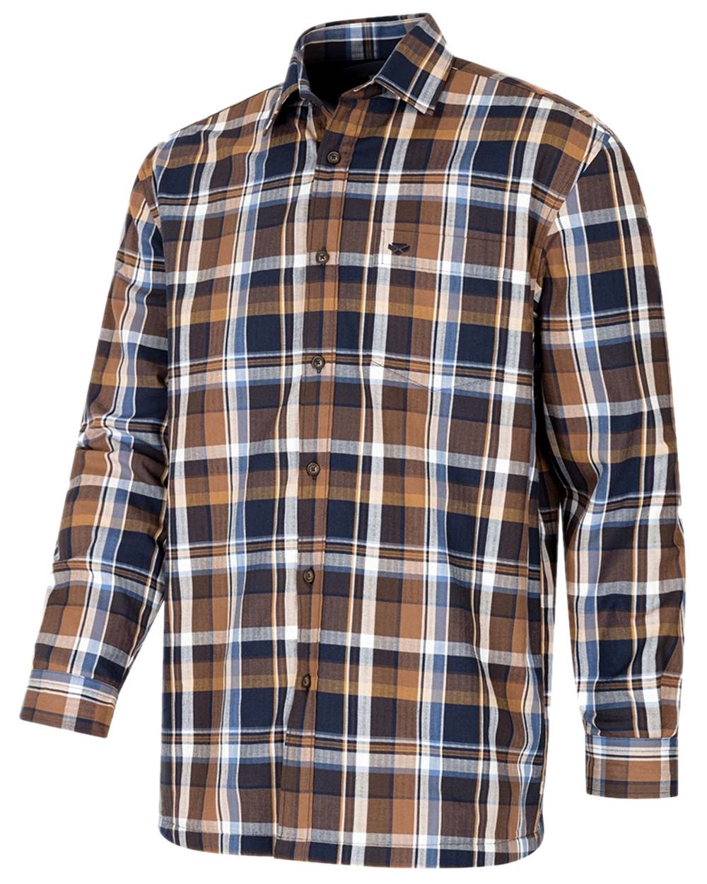 Navy Brown Check Coloured Hoggs of Fife Arran Micro Fleece Lined 100% Cotton Shirt on white background 