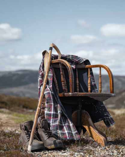 Wine Olive Check Coloured Hoggs of Fife Arran Micro Fleece Lined 100% Cotton Shirt on countryside background 