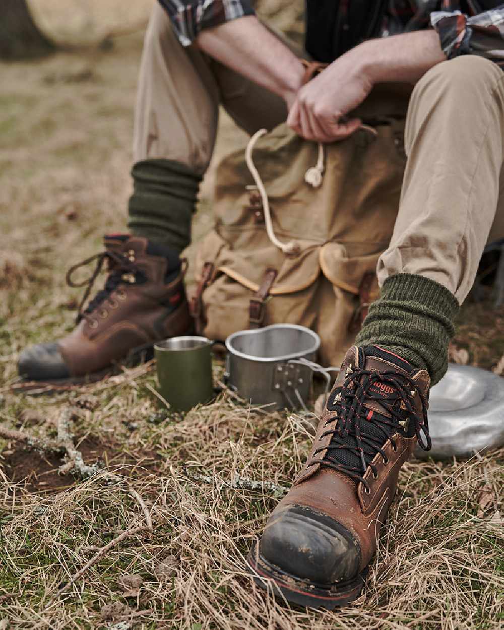 Crazy Horse Brown Coloured Hoggs of Fife Artemis Safety Lace-up Boots on land background 