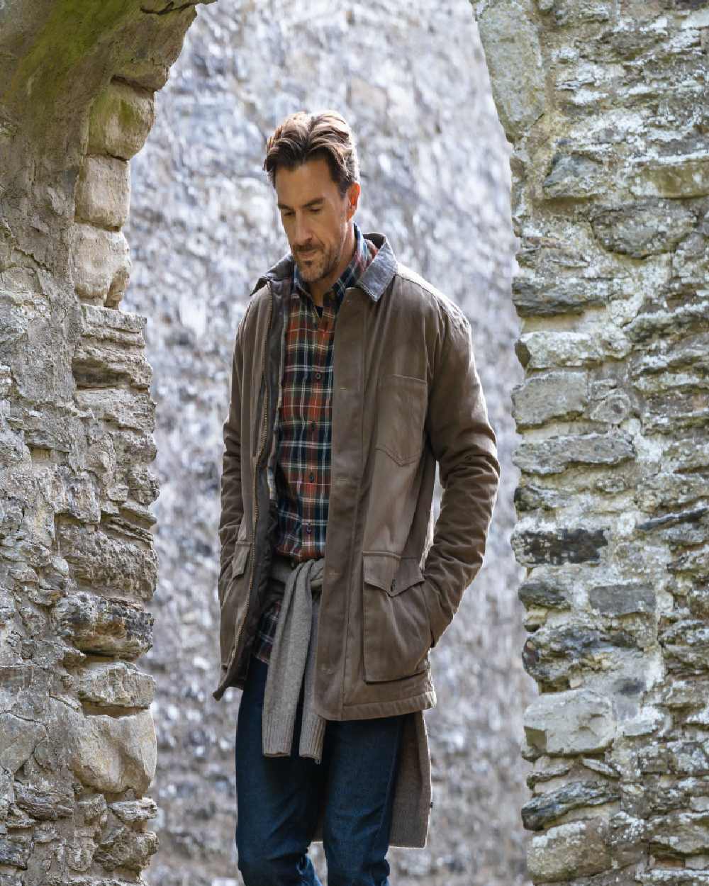 Rock Coloured Hoggs of Fife Balerno Waxed Canvas Barn Coat on outdoor background 