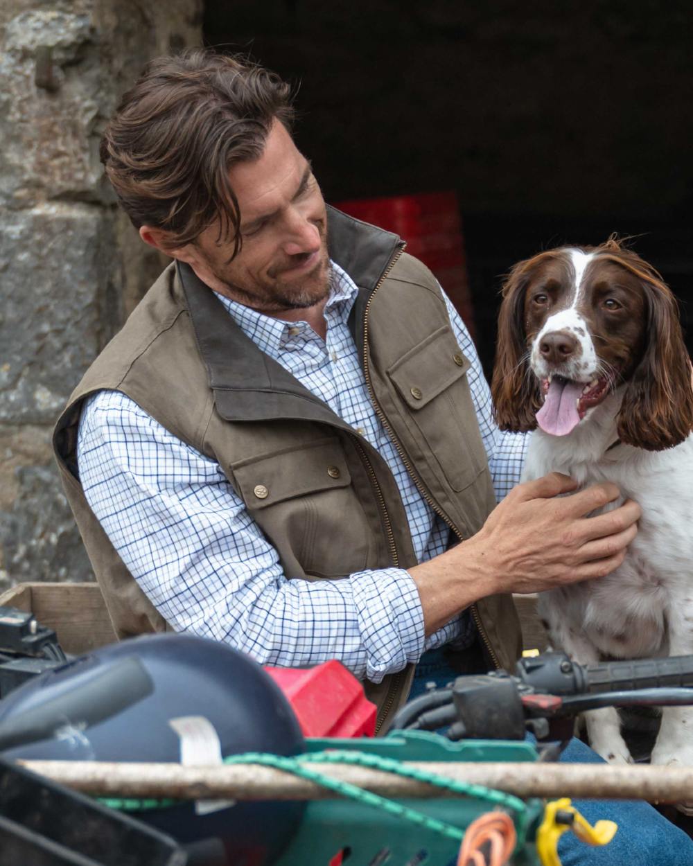 Rock Coloured Hoggs of Fife Balfour Waxed Canvas Gilet on white background 