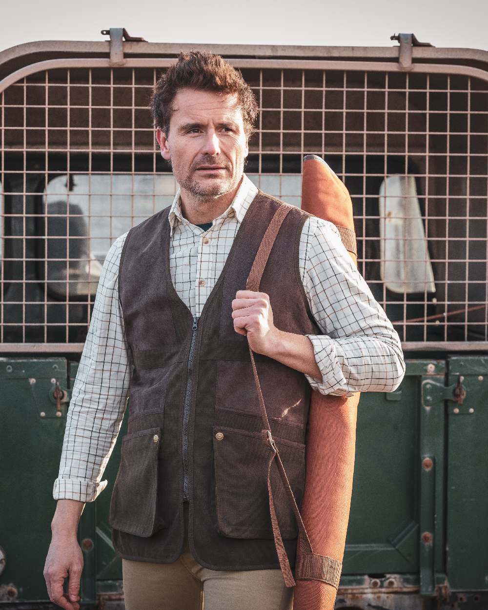 Green Brown Coloured Hoggs of Fife Balmoral Luxury Tattersall Shirt on jeep background 