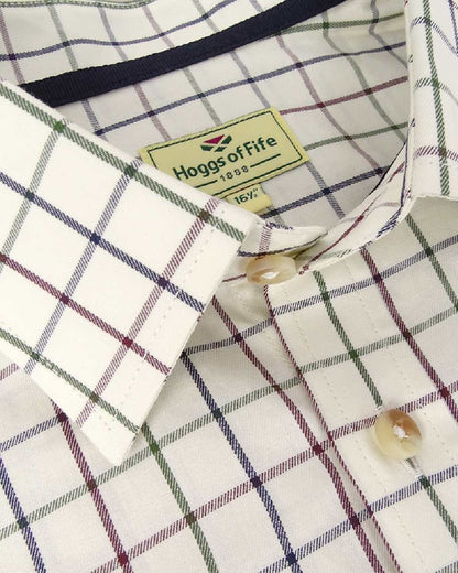 Navy Wine Coloured Hoggs of Fife Balmoral Luxury Tattersall Shirt on white background 