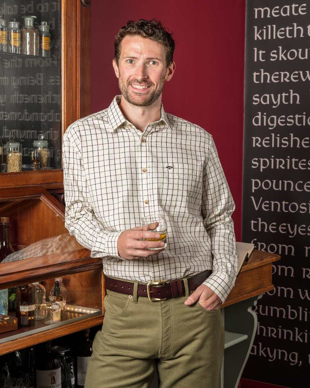 Navy Wine Coloured Hoggs of Fife Balmoral Luxury Tattersall Shirt on shop background 