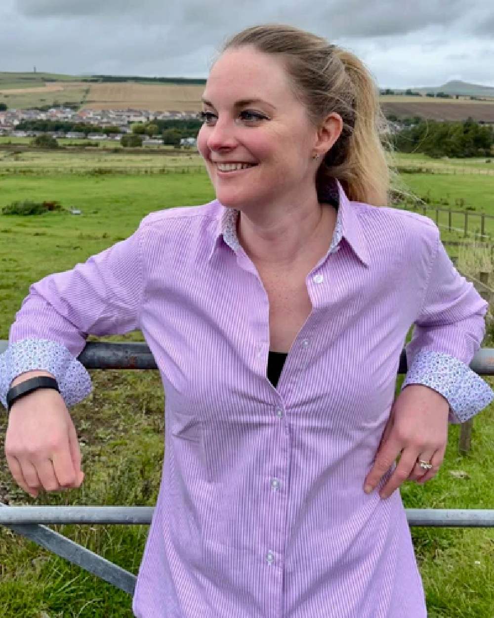 Lavender Stripe Coloured Hoggs of Fife Bonnie II Ladies Cotton Shirt on countryside background 