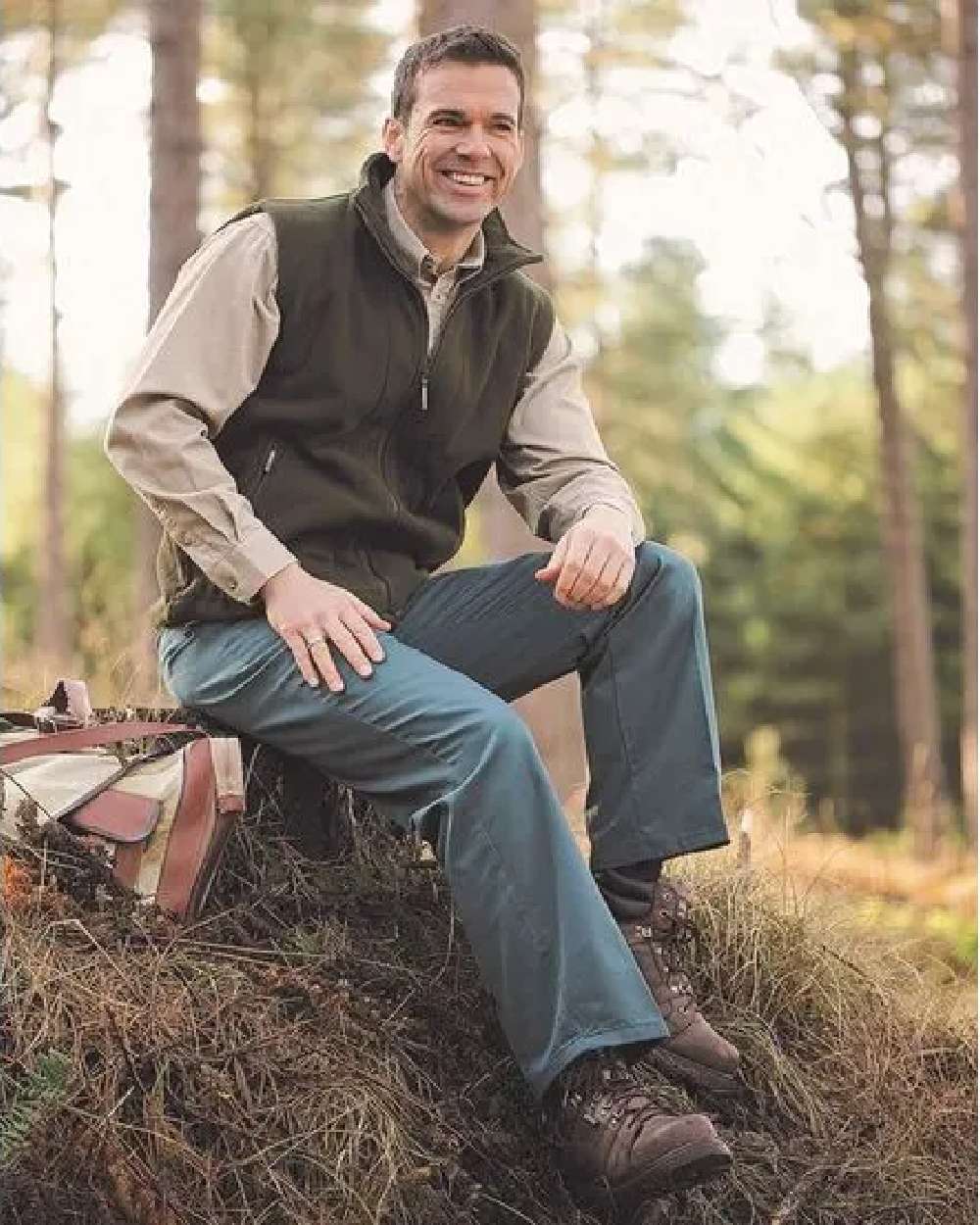 Spruce Coloured Hoggs of Fife Bushwhacker Thermal Stretch Trousers on forest background 