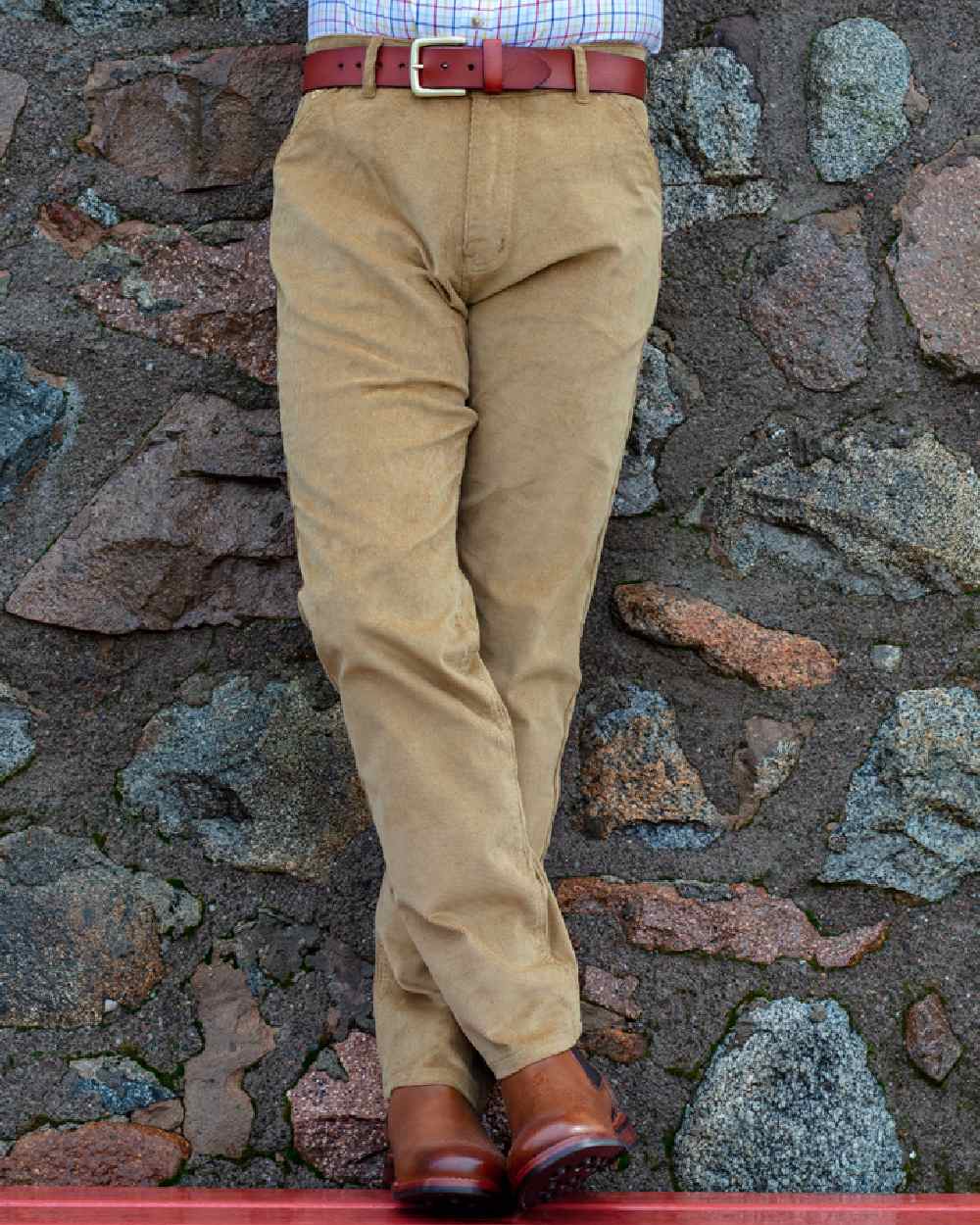 Harvest Coloured Hoggs of Fife Cairnie Comfort Stretch Cord Trousers on wall background 