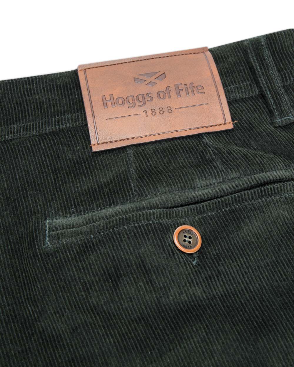 Racing Green Coloured Hoggs of Fife Cairnie Comfort Stretch Cord Trousers on white background 