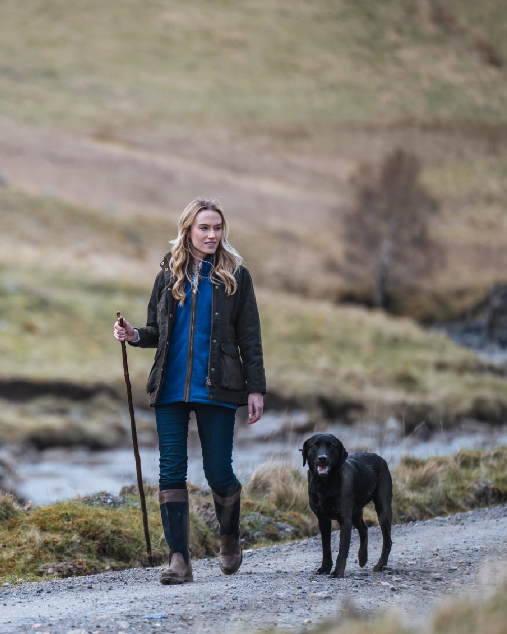 Antique Olive Coloured Hoggs of Fife Caledonia Ladies Antique Wax Jacket on mountain background 