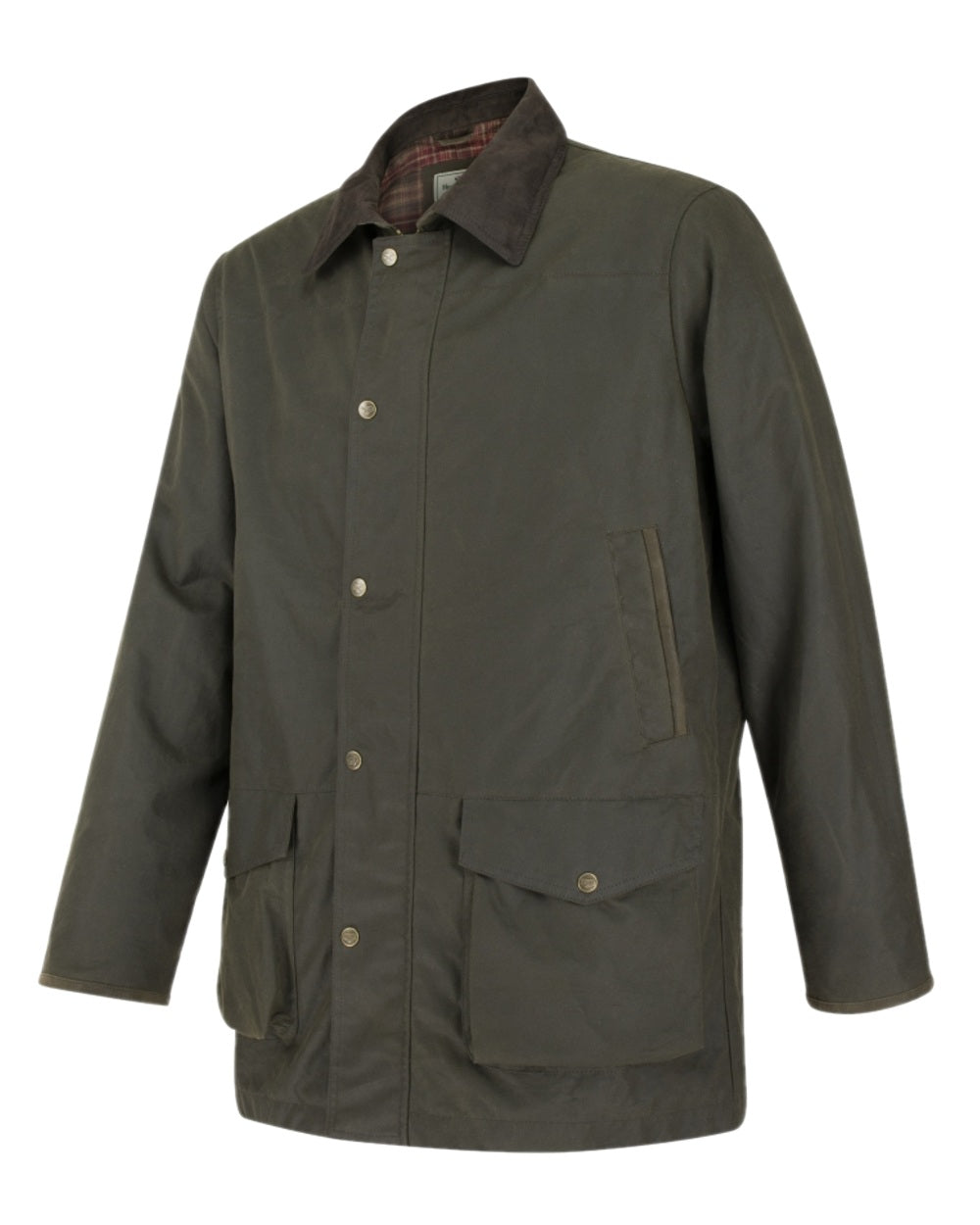 Olive Coloured Hoggs of Fife Caledonia Waxed Jacket on white background 