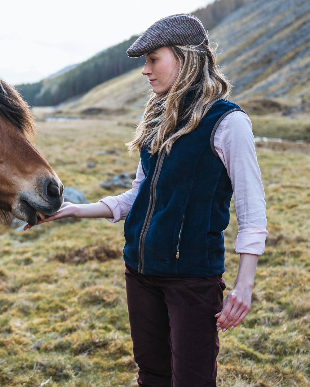 Pink Coloured Hoggs of Fife Callie Twill Ladies Check Shirt on countryside background 