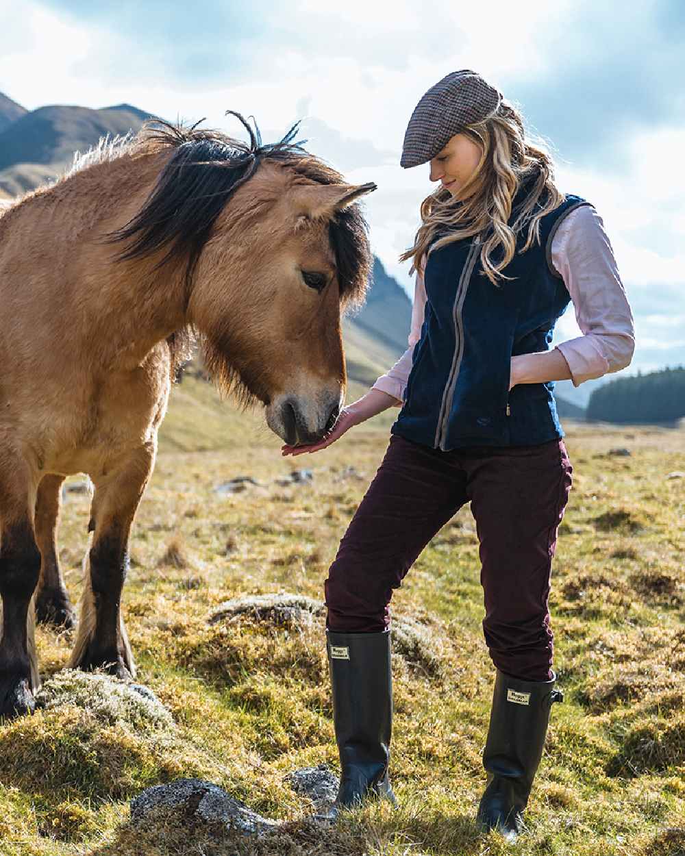 Pink Coloured Hoggs of Fife Callie Twill Ladies Check Shirt on countryside background 