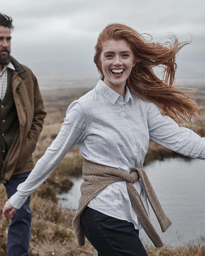 White Pink Blue Coloured Hoggs of Fife Callie Twill Ladies Check Shirt on lake background 