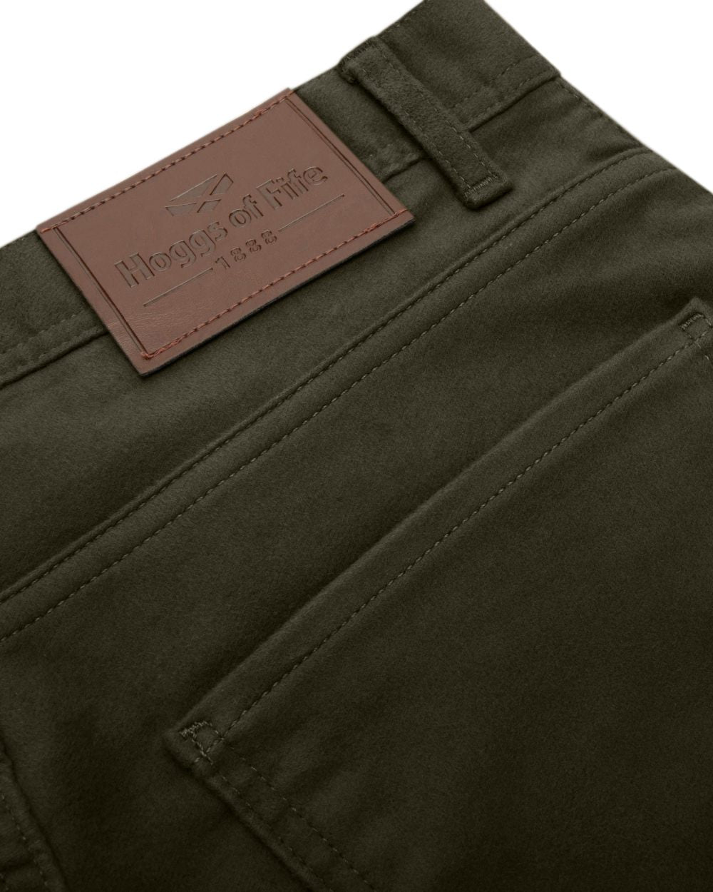 Olive Coloured Hoggs of Fife Carrick Technical Stretch Moleskin Jeans on white background 