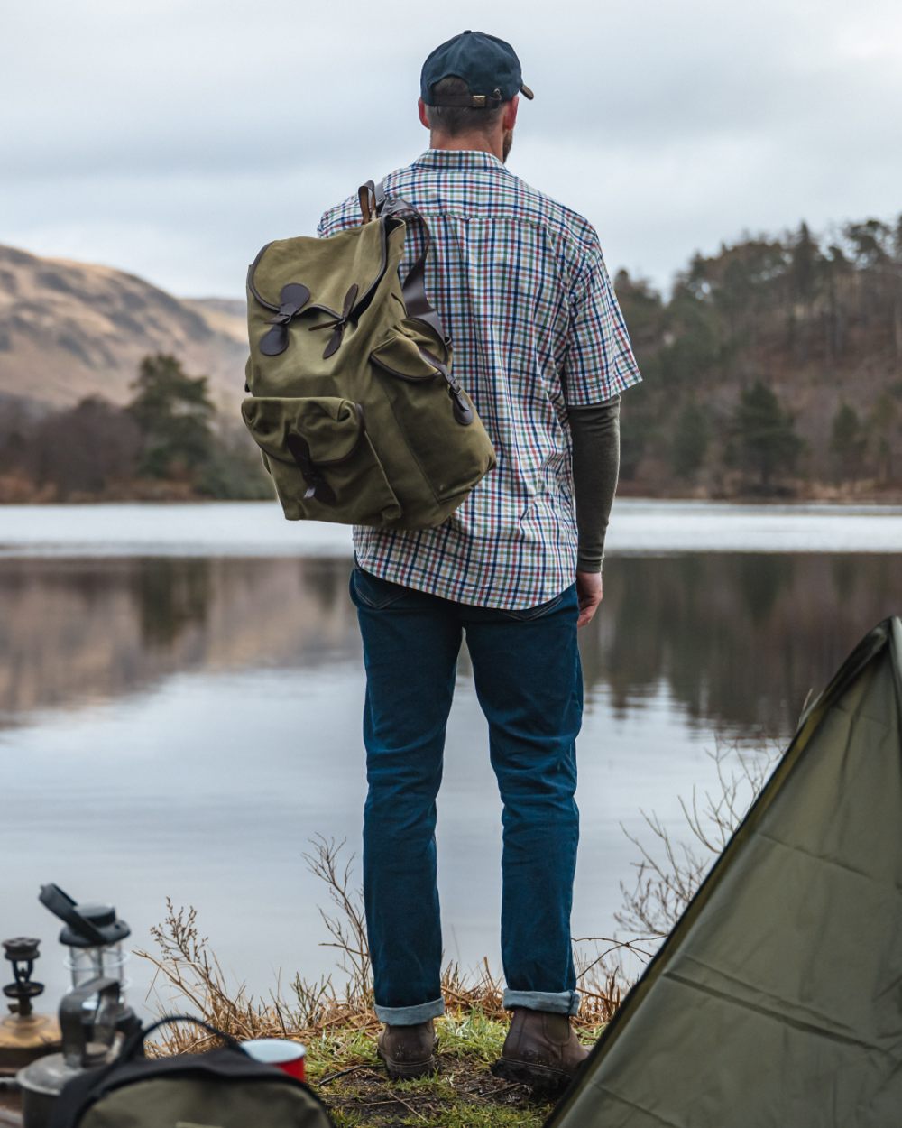 Dark Indigo Coloured Hoggs of Fife Clyde Comfort Denim Jeans on lake background 