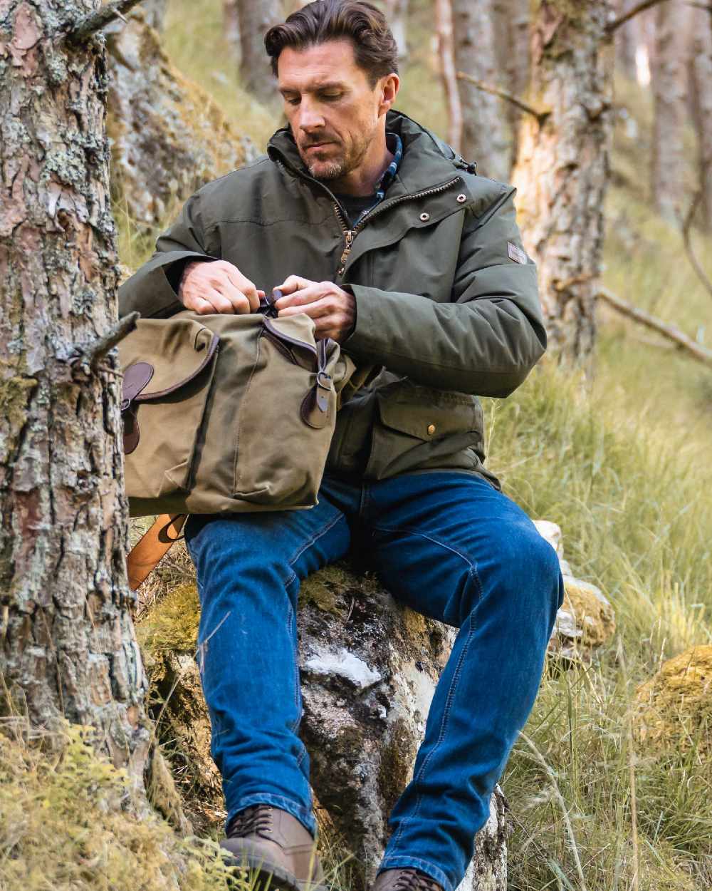 Stonewash Coloured Hoggs of Fife Clyde Comfort Denim Jeans on countryside background 