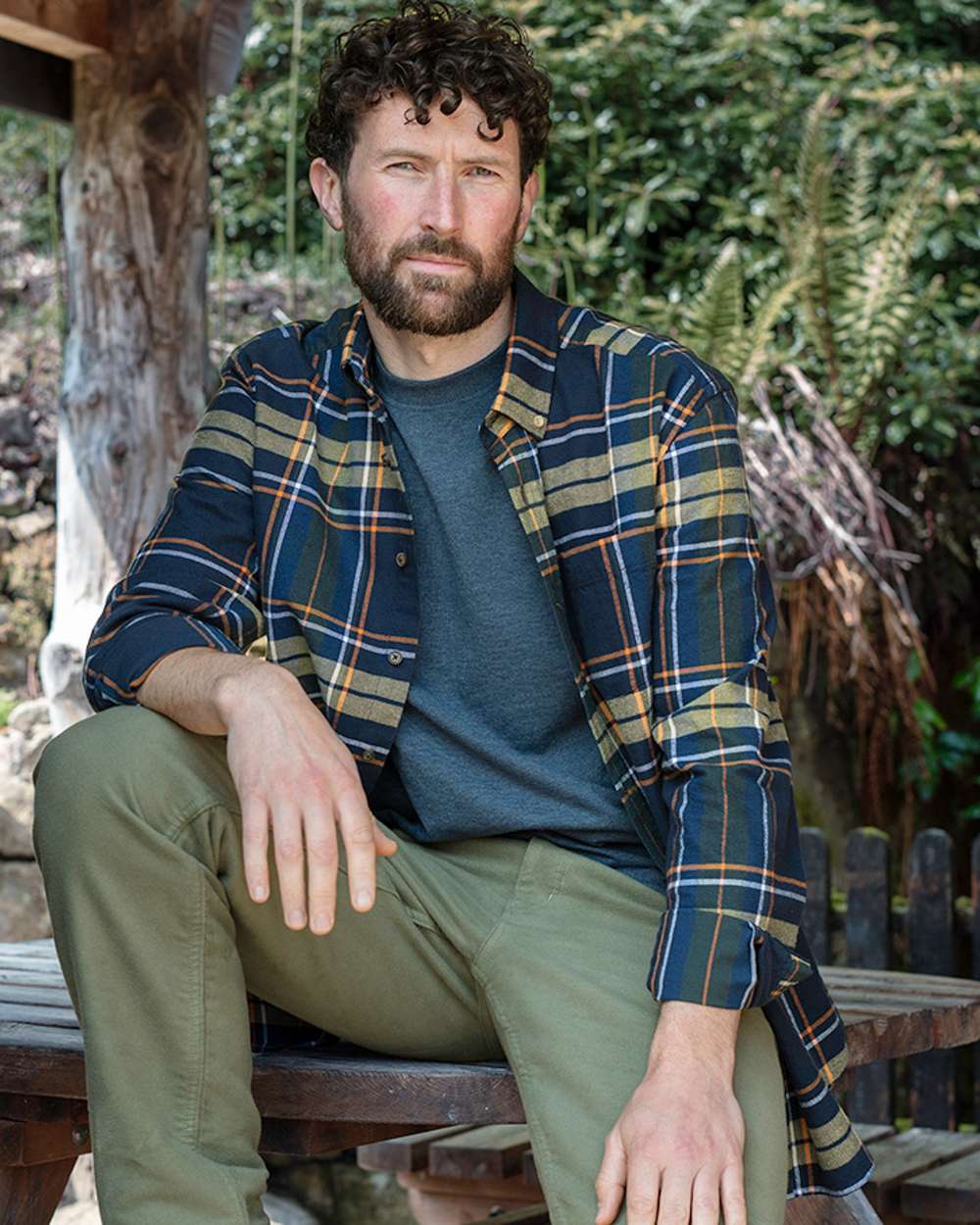 Navy Coloured Hoggs of Fife Coll Cotton Twill Check Shirt on countryside background 