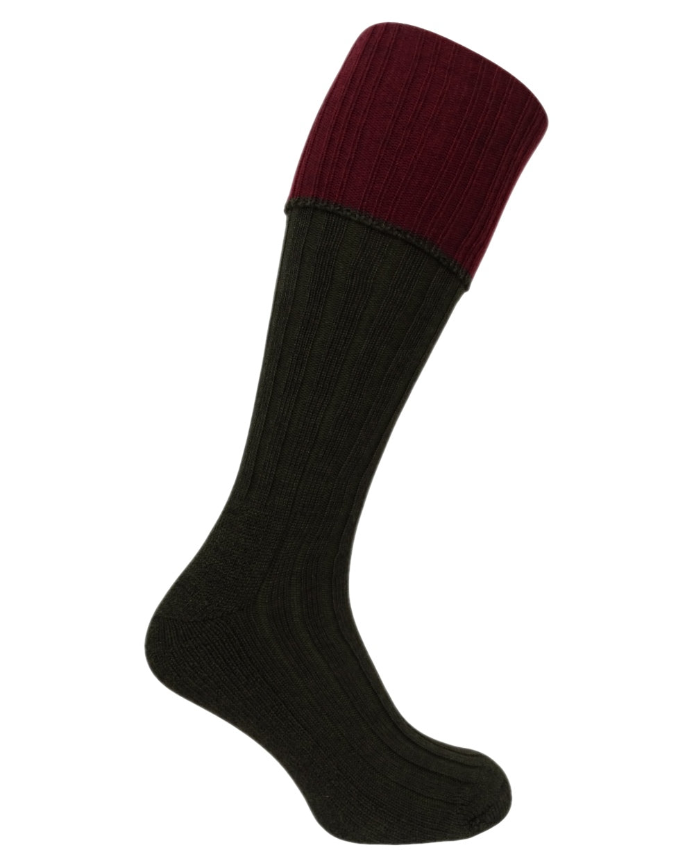 Dark Green Burgundy Coloured Hoggs of Fife Contrast Turnover Top Stockings on white background 