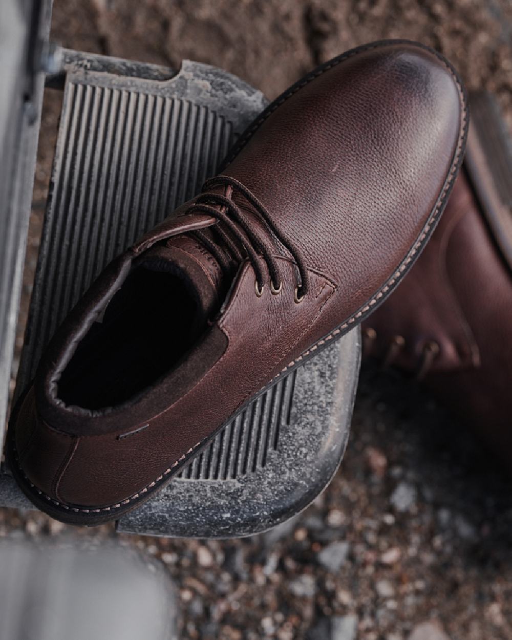 Hickory Brown Coloured Hoggs of Fife Cullen Waterproof Chukka on land background 