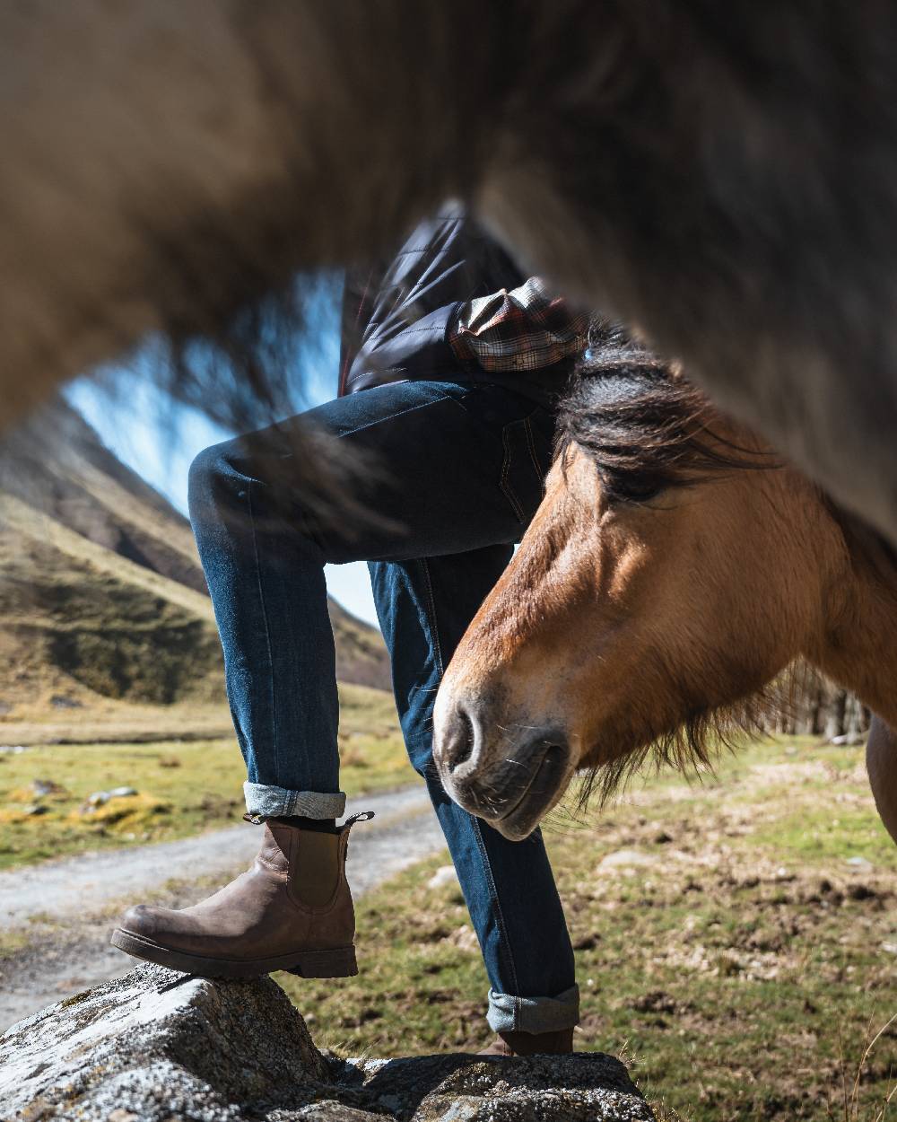 Indigo Coloured Hoggs of Fife Dee Stretch Denim Jeans on mountain background 