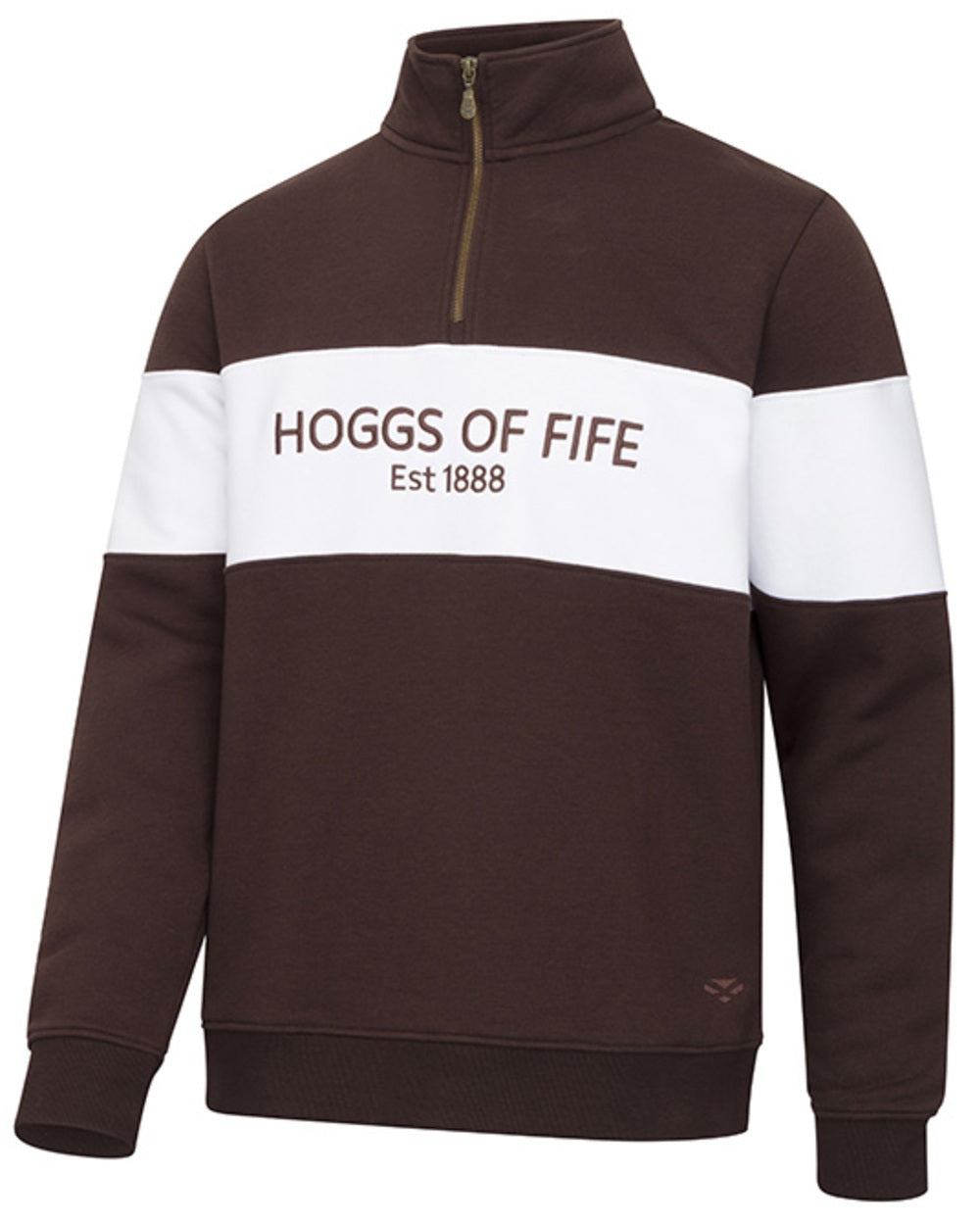 Brown White Brown coloured Hoggs of Fife Dumfries 1888 Mens Quarter Zip Sweatshirt on white background 