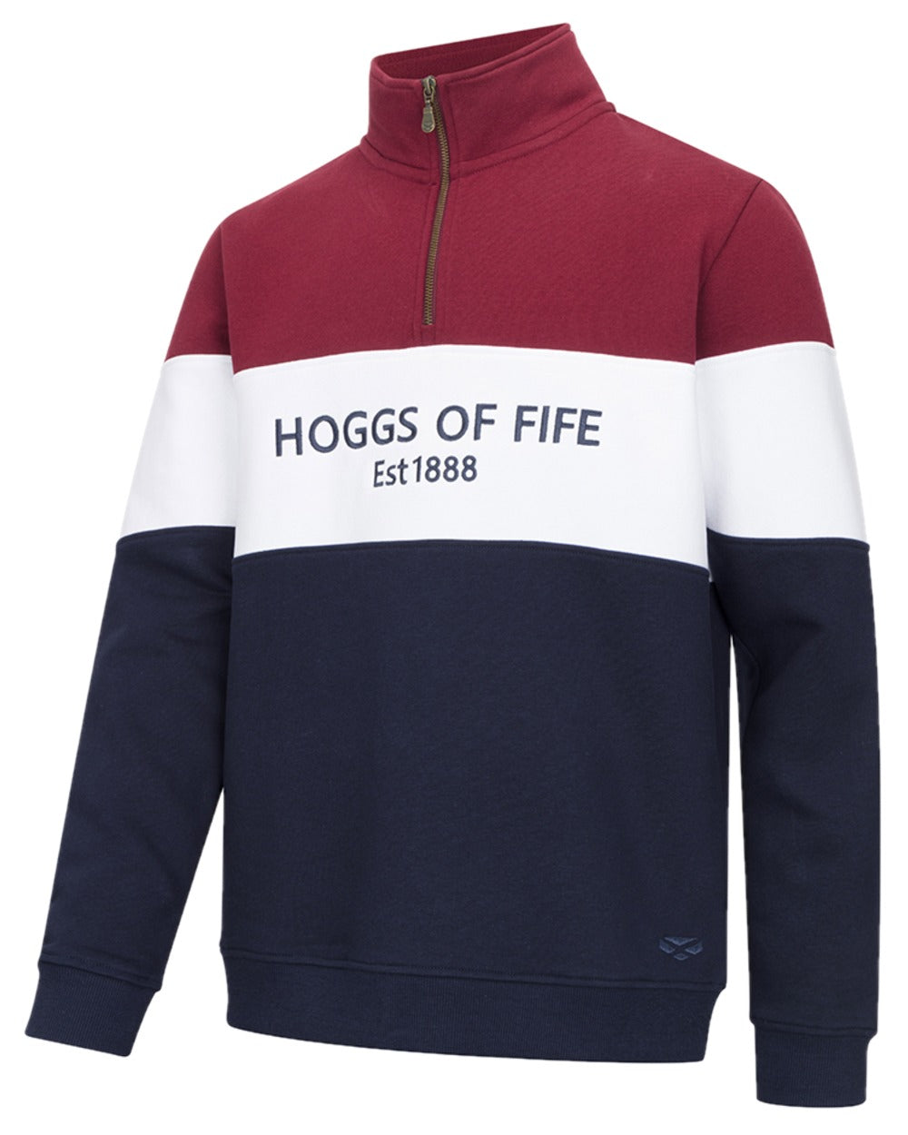 Burgundy White Navy Coloured Hoggs of Fife Dumfries 1888 Mens Quarter Zip Sweatshirt on white background 