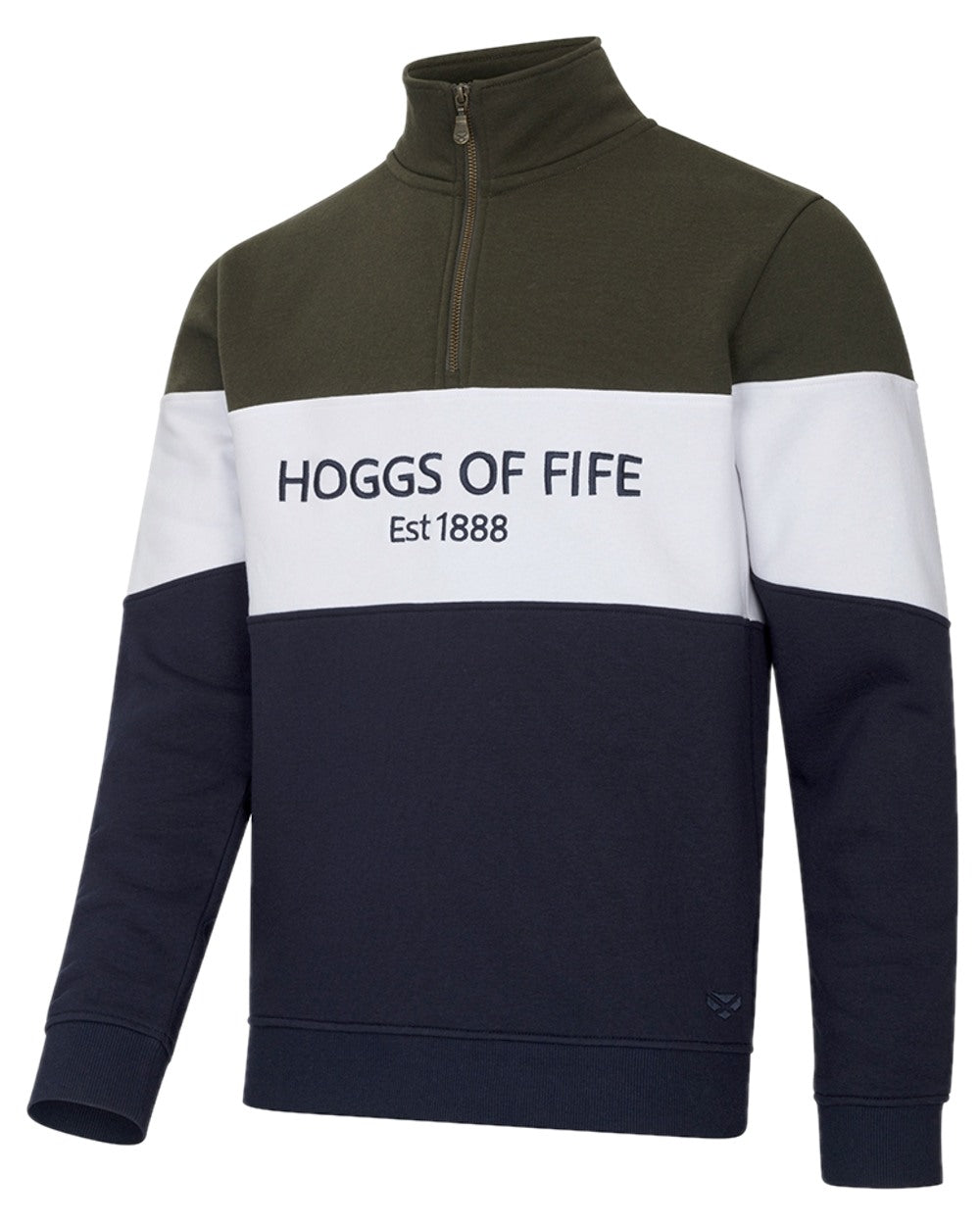 Forest White Navy Coloured Hoggs of Fife Dumfries 1888 Mens Quarter Zip Sweatshirt on white background 