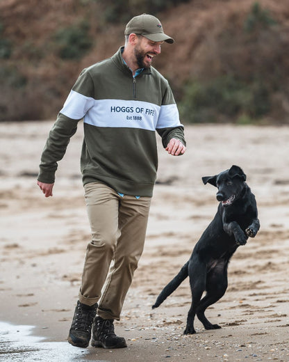 Lovat White Coloured Hoggs of Fife Dumfries 1888 Mens Quarter Zip Sweatshirt on beach background 