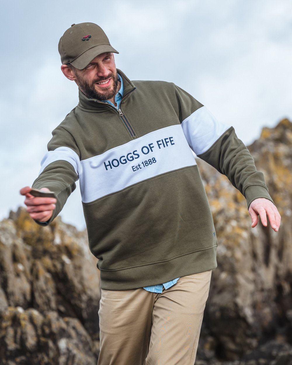 Lovat White Coloured Hoggs of Fife Dumfries 1888 Mens Quarter Zip Sweatshirt on mountain background 