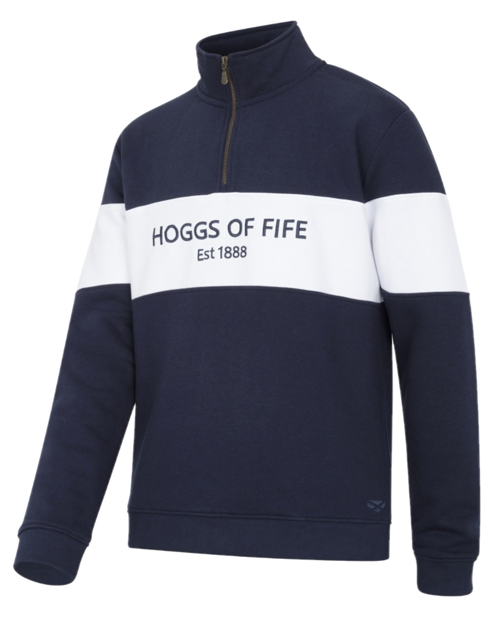 Navy White Coloured Hoggs of Fife Dumfries 1888 Mens Quarter Zip Sweatshirt on white background 