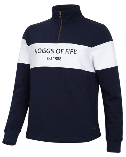 Navy White Coloured Hoggs of Fife Dumfries 1888 Womens Quarter Zip Sweatshirt on white background 