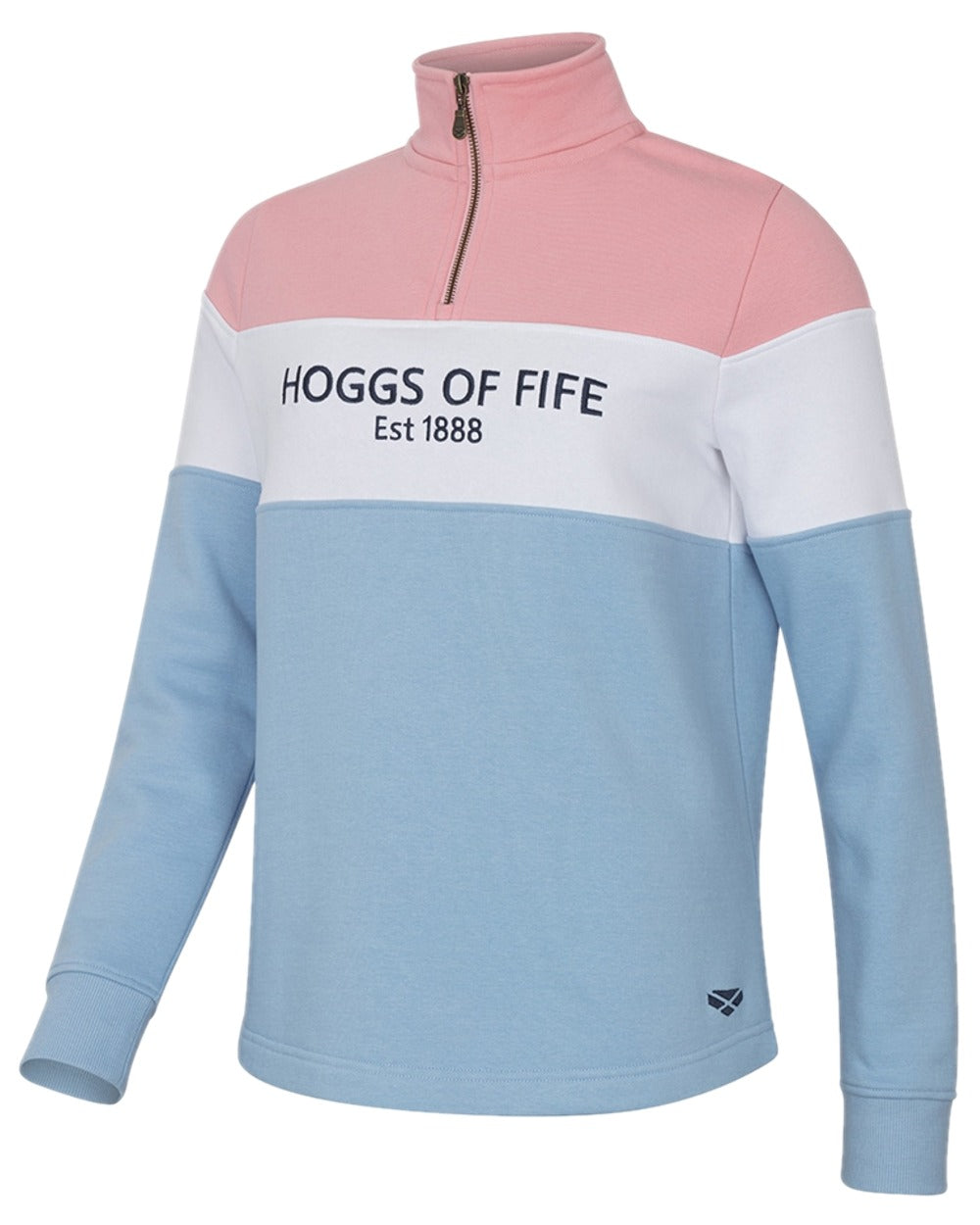 Pink White Blue Coloured Hoggs of Fife Dumfries 1888 Womens Quarter Zip Sweatshirt on white background 