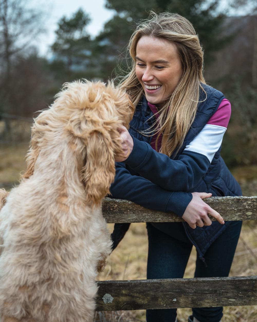 Berry White Navy Coloured Hoggs of Fife Dumfries 1888 Womens Quarter Zip Sweatshirt on countryside background 