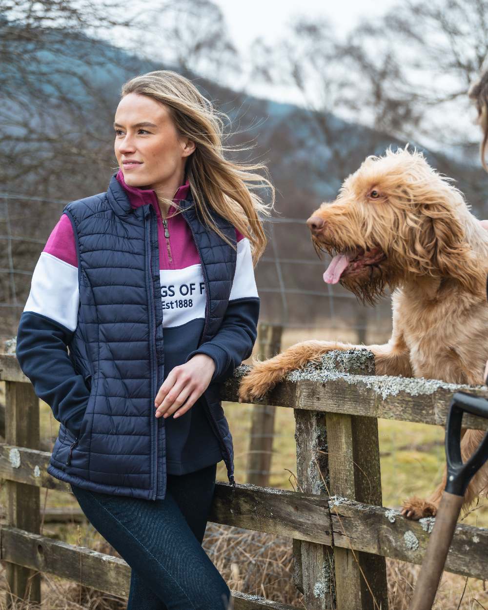 Berry White Navy Coloured Hoggs of Fife Dumfries 1888 Womens Quarter Zip Sweatshirt on countryside background 