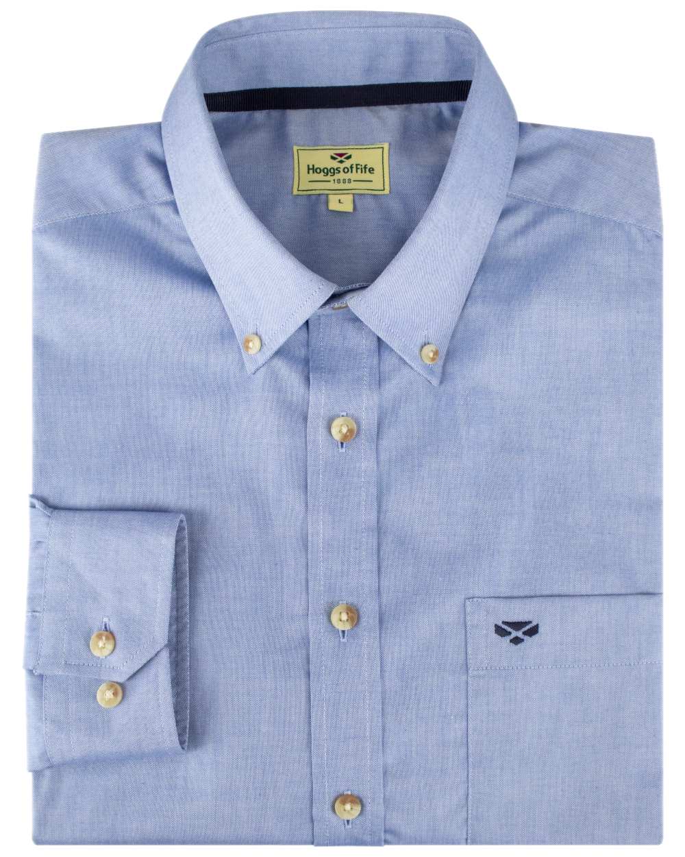 Blue Coloured Hoggs of Fife Dunedin Plain Oxford Shirt on white background 