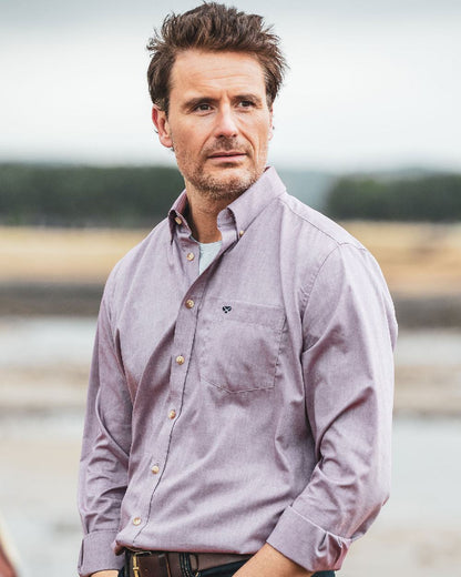 Wine Coloured Hoggs of Fife Dunedin Plain Oxford Shirt on blurry background 