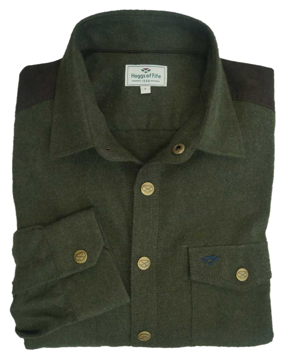 Loden Marl Coloured Hoggs of Fife Dunvegan Flannel Shirt on white background 