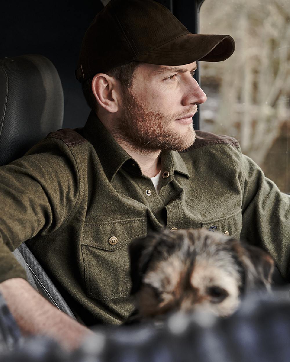 Loden Marl Coloured Hoggs of Fife Dunvegan Flannel Shirt on car background 