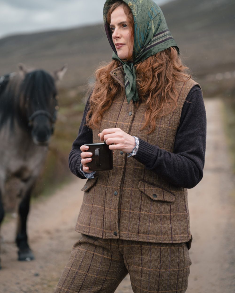 Bracken coloured Hoggs of Fife Womens Eden Tweed Breeks on moorland 