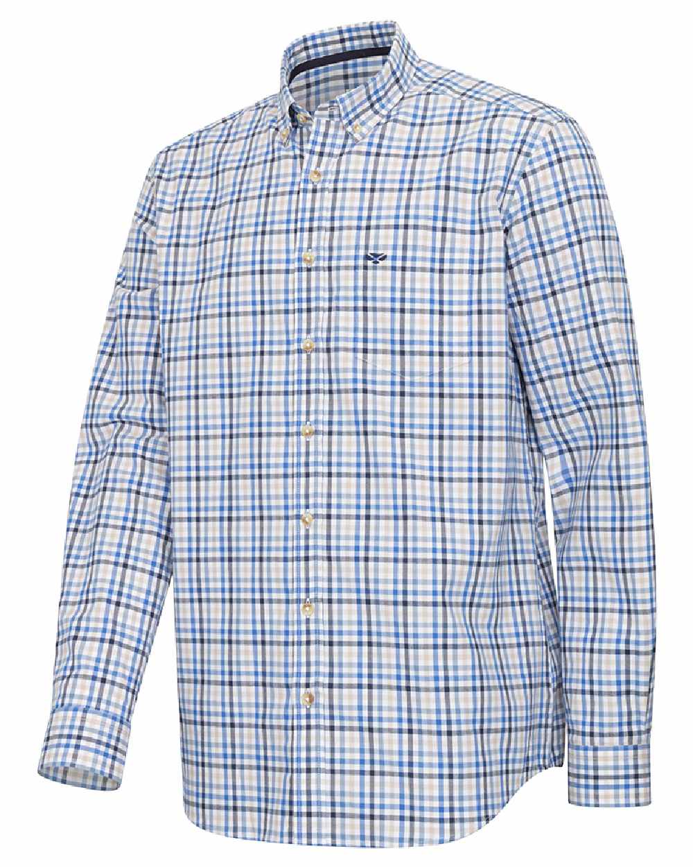 Blue Gold Check Coloured Hoggs of Fife Garvock Cotton Twill Herringbone Check Shirt on white background 