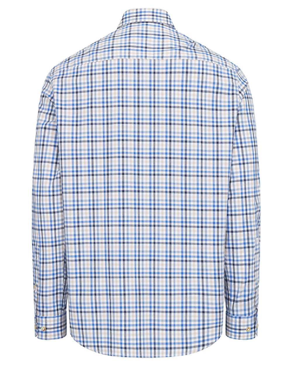 Blue Gold Check Coloured Hoggs of Fife Garvock Cotton Twill Herringbone Check Shirt on white background 