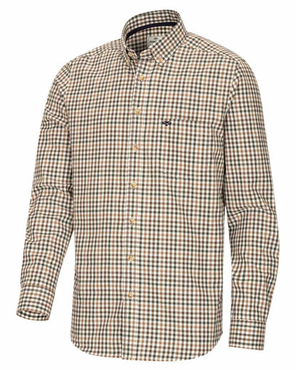 Brown Green Coloured Hoggs of Fife Garvock Cotton Twill Herringbone Check Shirt on white background 