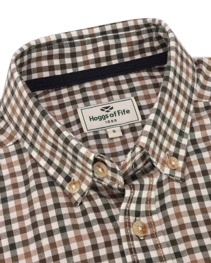 Brown Green Coloured Hoggs of Fife Garvock Cotton Twill Herringbone Check Shirt on white background 