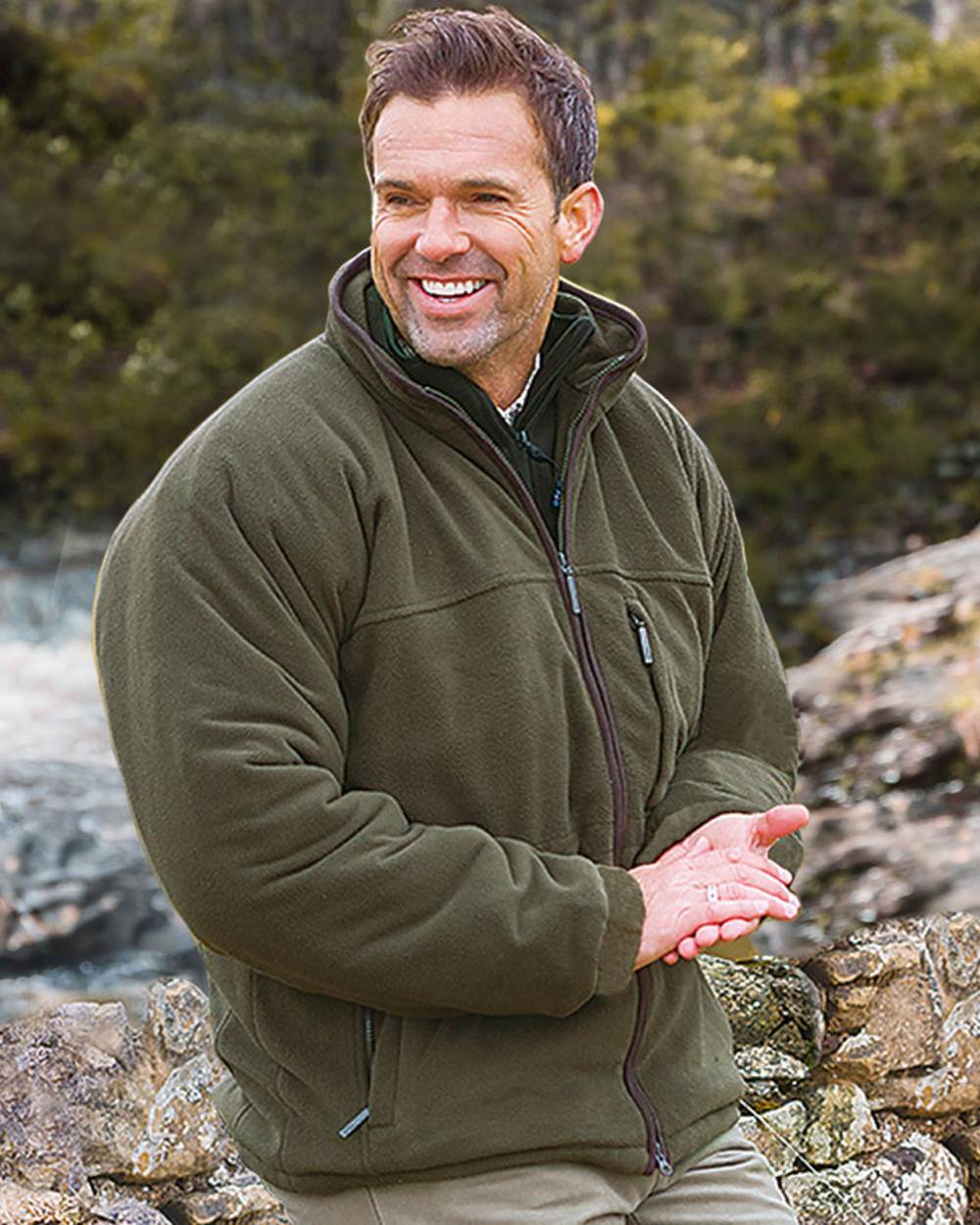 Green Coloured Hoggs of Fife Ghillie II Padded Waterproof Fleece Jacket on waterfall background 