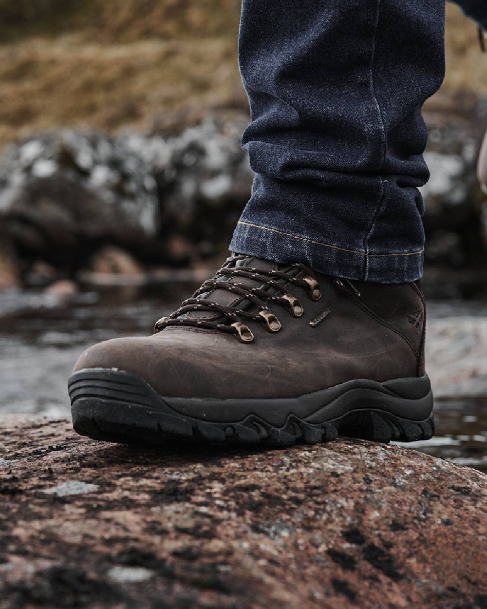 Brown Coloured Hoggs of Fife Glencoe Waxy Leather Trek Boot on river white background 