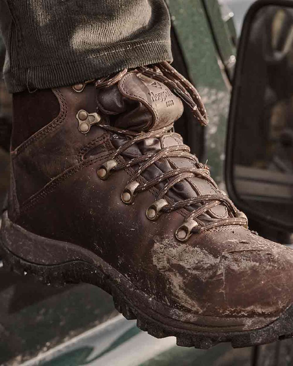 Brown Coloured Hoggs of Fife Glencoe Waxy Leather Trek Boot on car background 