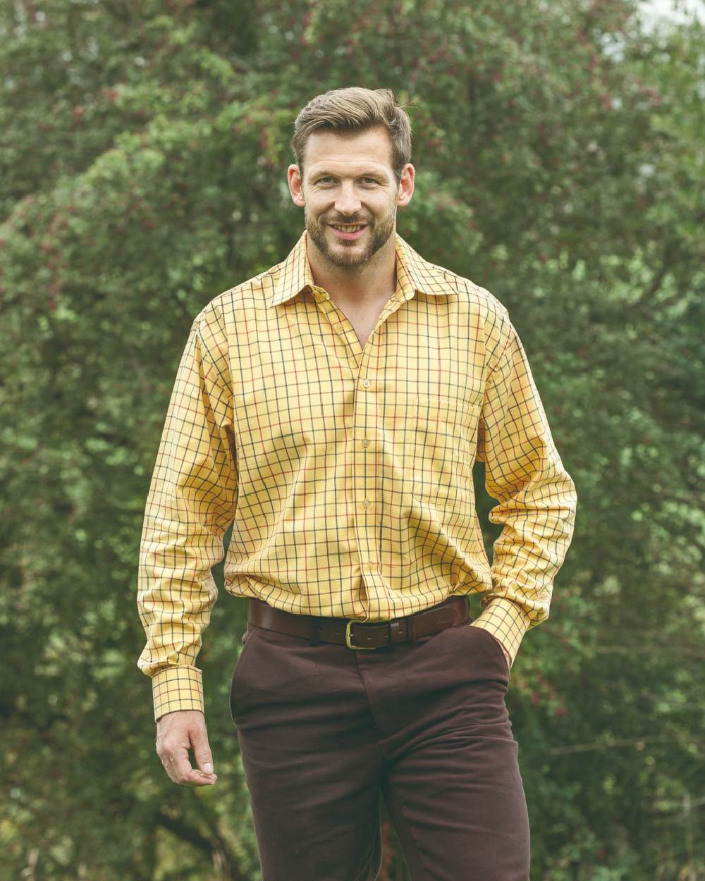 Gold Tattersall Coloured Hoggs of Fife Governor Tattersall Shirt on tree background 