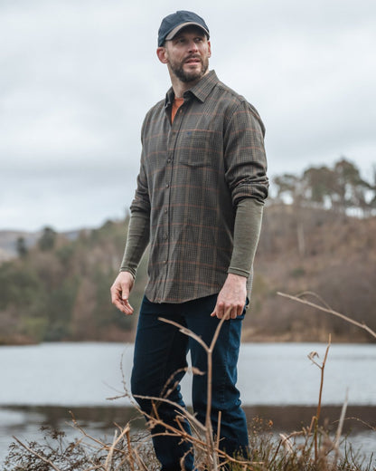 Green coloured Hoggs of Fife Harris Cotton Wool Twill Check Shirt with mountain background 